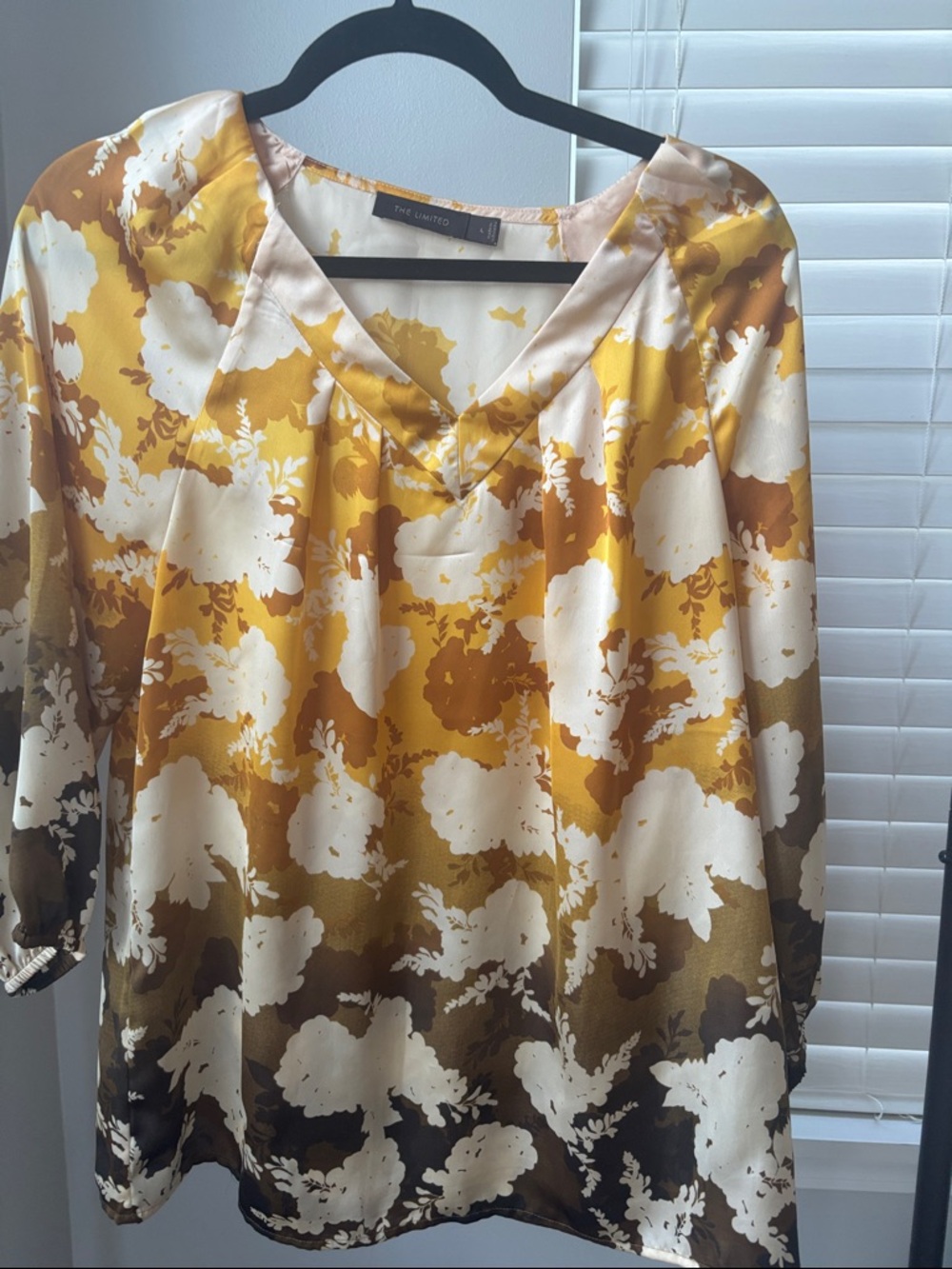 The Limited Yellow Gold Floral Satin V-Neck Blouse